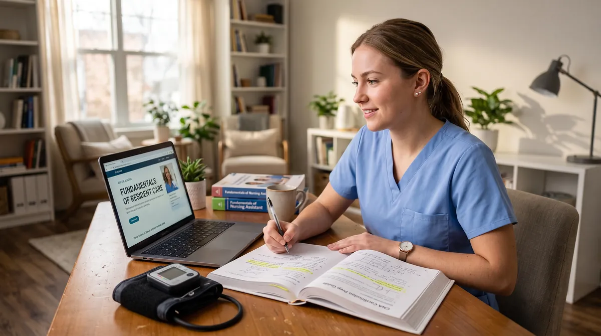 A nursing-assistant student studying for the CNA certification exam on a laptop, with a prep guide and a blood-pressure cuff, during a self-paced online review.
