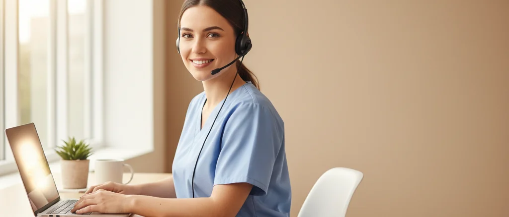 A friendly Draco Learning support team member in light-blue scrubs wearing a phone headset, smiling and ready to help.