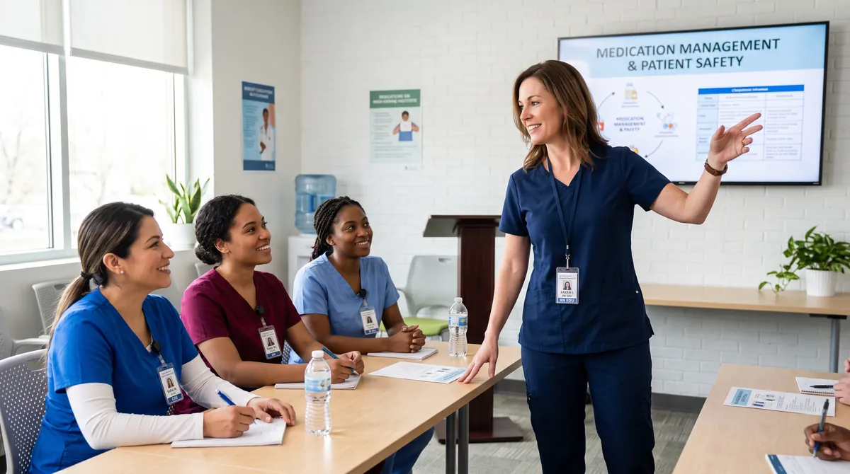 A nurse educator leading an in-service training session for staff in a bright skilled-nursing-facility classroom.