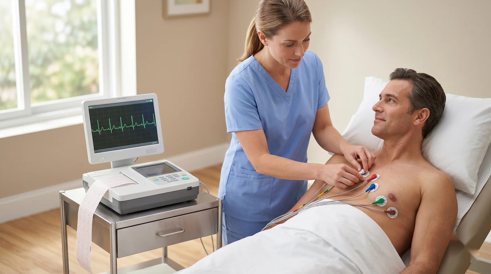 A clean, modern clinical setting with a 12-lead ECG machine printing a rhythm strip, illustrating the ECG/EKG Technician course.