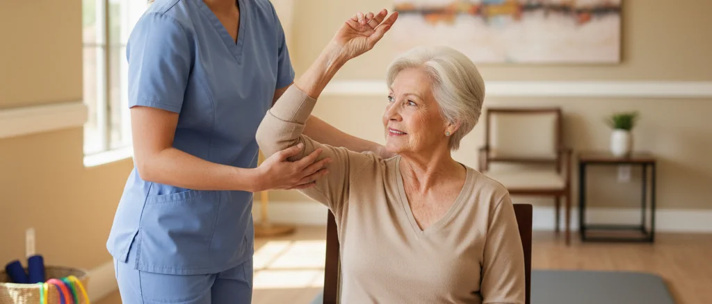 A certified nursing assistant guiding a seated older resident through a range-of-motion arm exercise in a sunlit restorative-care room.