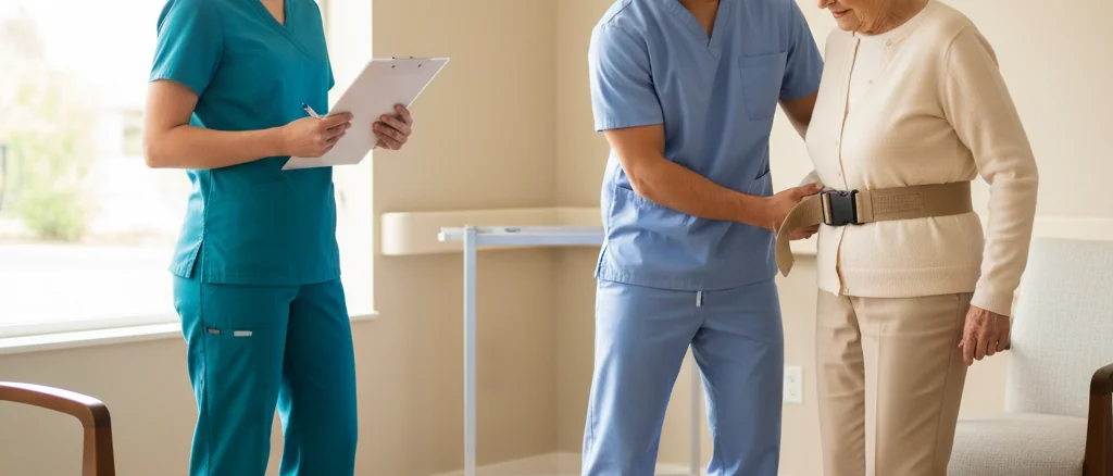 A clinical instructor with a clipboard evaluating a CNA learner who is demonstrating a gait-belt-assisted transfer with an older resident.