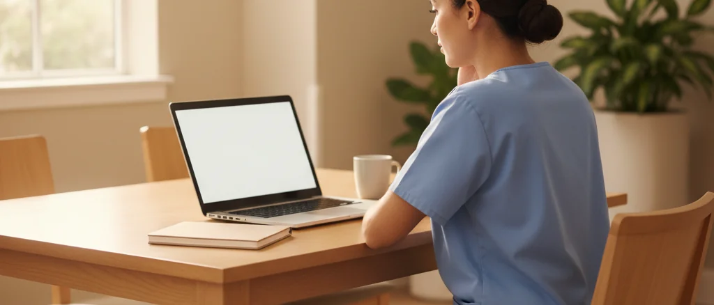 A certified nursing assistant studying the self-paced online RNA course on a laptop in a calm, sunlit break area.