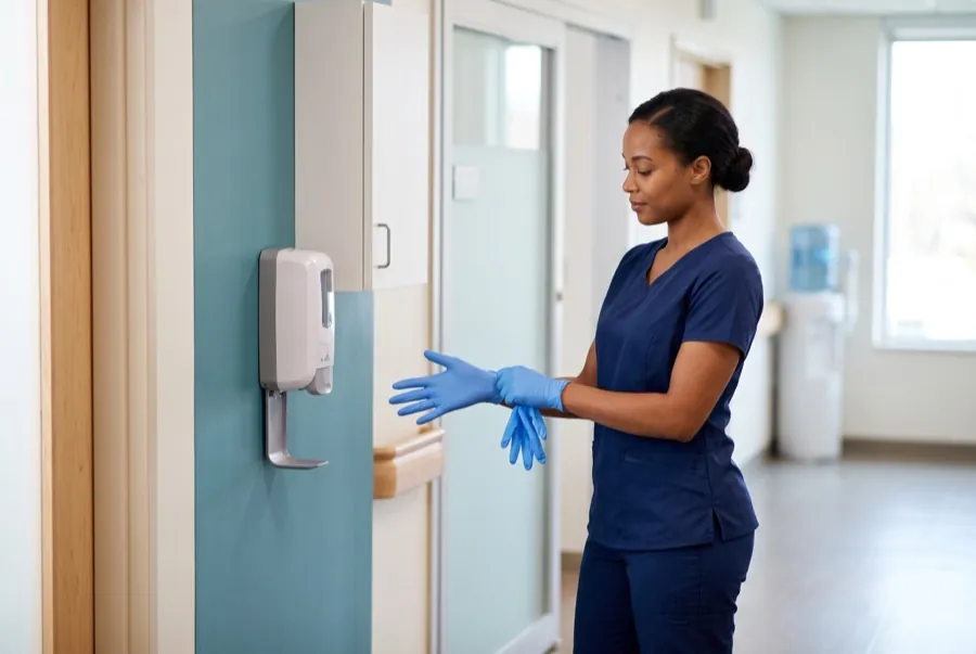 A nurse performing careful hand hygiene at a sanitizing station in a bright skilled-nursing facility.