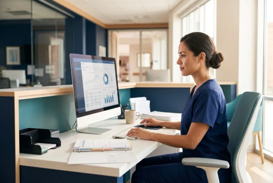 A nurse reviewing resident assessment data on a computer in a bright skilled-nursing-facility office.