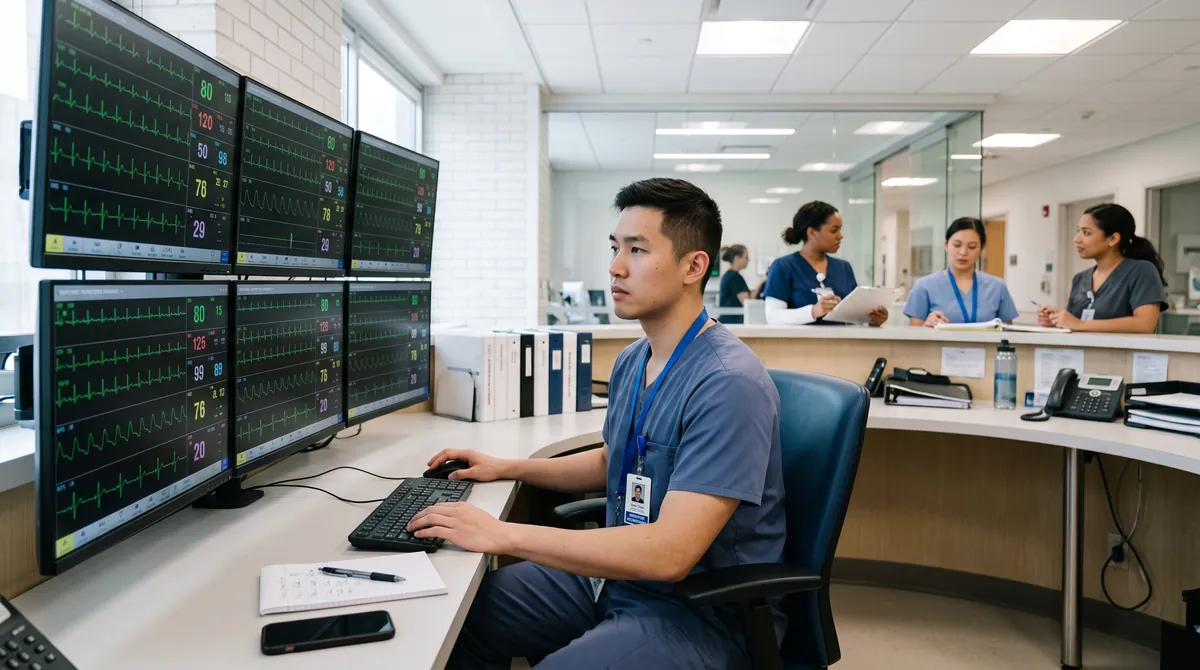 A patient care technician monitoring patients’ heart rhythms at a central telemetry monitoring station in a hospital.
