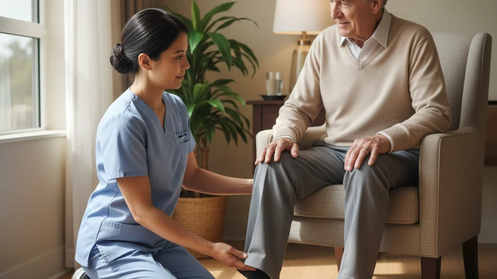 A restorative nurse assistant working one-on-one with an older adult during a guided restorative exercise in a calm, sunlit care setting.