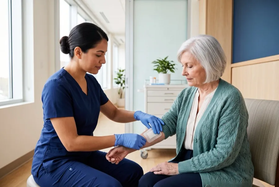 A nurse attentively caring for an older adult patient in a bright skilled-nursing-facility room.